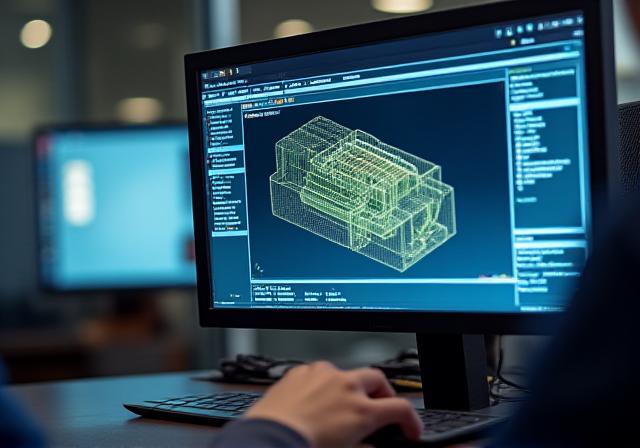 Schermo di un computer con software CAD/CAM che mostra un modello 3D di un componente meccanico